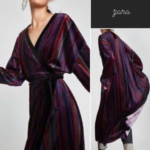 Zara Striped Velvet Long Sleeve Maxi Wrap Dress M